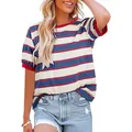 Striped loose round neck short sleeve T-shirt in red and blue color block design - XL / Tops / Navy Blue