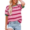 Casual striped short sleeve T-shirt for women featuring green color block trim detail. - S / Tops / Rose Red