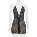 Sexy black lace hollow out backless mini dress with elegant deep V-neck and ruffle trim - Apricot