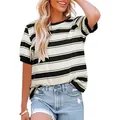 Casual women's striped loose-fit T-shirt with round neck in cream and black color - S / Tops / Black