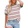 Casual women's pink striped loose fit T-shirt with green contrast trim and round neck - S / Tops / Light Pink