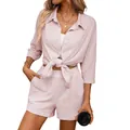 Pink striped long sleeve shirt and high waisted shorts casual two-piece set for women - S / Top And Bottom / Pink