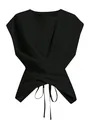 Detail view of black sleeveless top featuring a unique crossed hem and lace-up ties. - XS / Tops / Black