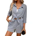 Casual women's blue and white striped two-piece set with tie-front shirt and shorts - S / Top And Bottom / Navy Blue