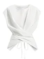 Close-up of a white short-sleeved top with a stylish criss-cross hem and tie detail. - XS / Tops / White