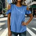 Stylish blue cold-shoulder chiffon top with ruffle details and diagonal buttons - S / Tops / Sapphire Blue