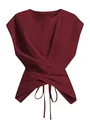 Detail showing the crossover tie-waist design of the burgundy cropped top. - XS / Tops / Burgundy