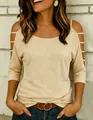 Detail view of women's beige cold shoulder t-shirt with cut-out mid-length sleeves - S / Tops / Apricot