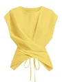 Detail view of yellow short top with cross tie-up hem and gathered fabric design. - XS / Tops / Yellow