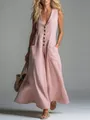 Flowy deep V-neck sleeveless maxi dress featuring front buttons and large patch pockets - S / Pink