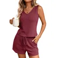 Women's V-neck sleeveless ribbed tank top and shorts 2-piece loungewear set in burgundy - S / Top And Bottom / Burgundy