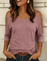 Detailed view of women's mauve cold shoulder T-shirt with unique cutout sleeve design. - Fuschia