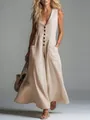 Full view of elegant deep V-neck sleeveless jumpsuit with front buttons and pockets - S / Apricot