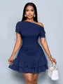 Elegant navy blue one-shoulder slim dress with tiered ruffle hem and textured fabric - Navy Blue