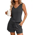 Women's charcoal grey ribbed V-neck sleeveless tank top and drawstring shorts set - L / Top And Bottom / Black and Gray