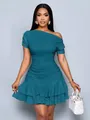 Detailed view of the teal pleated one-shoulder dress with elegant tiered ruffle hemline. - Teal