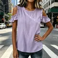 Detailed view of women's lavender cold shoulder top with ruffle sleeves and button accents - S / Tops / Light Purple