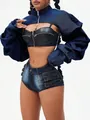 Detailed view of fashionable street style women's cropped blue denim bolero jacket - XS / Tops / Raw Denim