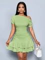 Elegant sage green one-shoulder slim fit dress with ruffled hem and textured fabric - Green