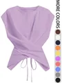 Vista detallada del top corto morado para mujer con dobladillo cruzado y detalle de lazo frontal - Púrpura
