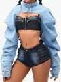 Close-up of light blue cropped denim jacket with front zipper and stand collar. - L / Tops / Blue