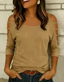 Detail view of a women's khaki cold-shoulder t-shirt with cut-out sleeve design and round neck - S / Tops / Khaki