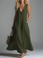 Vestido maxi verde sin mangas con cuello en V, botones y grandes bolsillos de parche - Verde oliva