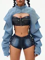 Close-up detail of a stylish street fashion cropped denim jacket and mini shorts set. - XS / Tops / Medium Blue
