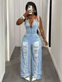 Sexy distressed denim jumpsuit for women featuring deep V-neck and studded details - S / Top And Bottom / Blue