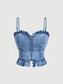 Detaillierte Vorderansicht des schmal geschnittenen Denim-Camisole-Tops mit Rüschensaum - XS / Oberteile / Blau