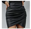 Close-up of black PU leather mini skirt with irregular hem and ruched waist detail - S / Bottoms / Black