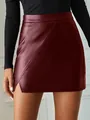 Burgundy high waisted faux leather mini skirt with asymmetrical seam and side slit - S / Bottoms / Burgundy