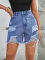 Détail de short en jean déchiré taille haute avec bords effilochés et délavage clair - XS / Bas / Bleu clair