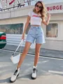 Stylish high waist light blue denim shorts with frayed hems for women - XS / Bottoms / Light Blue