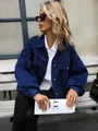 Giacca di jeans corta blu scuro oversize da donna in stile street fashion casual - Blu scuro