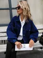 Oversized dunkelblaue kurze Jeansjacke für Damen im lässigen Street-Fashion-Stil - Dunkelblau