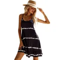 Sleeveless navy blue camisole dress with white zigzag patterns and ruffled hemline - S / Navy Blue