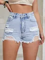 Detailed view of high-waisted light blue distressed denim shorts with frayed hems - M(28) / Bottoms / Light Wash Blue