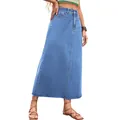 Modischer Damen-Denim-Maxirock mit hoher Taille, A-Linie und ausgefranstem Saum in Hellblau - S / Unterteile / Dunkelblau Gewaschen
