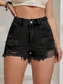Close-up view of women's fashion black high waisted distressed denim shorts with raw hem - XS(26) / Bottoms / Dark Gray