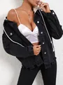 Detailed view of stylish black hooded denim jacket with silver buttons and frayed hem. - S / Tops / Dark Gray