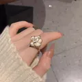 Elegant white camellia flower open ring with gold trim and pearl center for women jewelry. - Camellia Style (J905 Gold) / Gold