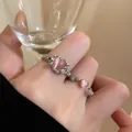 Elegant silver open ring featuring a pink cat-eye heart stone for stylish women's fashion - Heart Open Ring (Left) (J911 Silver (Left)) / Silver