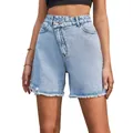 Dames denim shorts met hoge taille en rafelige zomen met asymmetrische gekruiste taille lichtblauw. - XS / Bottoms / Lichtblauw