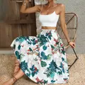 Κομψή μποέμ φλοράλ μάξι φούστα με λευκό κοντό τοπ για τις καλοκαιρινές διακοπές - S / Bottoms / Πράσινο