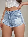 Detailed view of high waist light wash denim shorts with distressed frayed hem - M(28) / Bottom (35860) / Blue