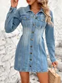 Detail of vintage slim fit long sleeve denim mini dress with button front and cinched waist - XS / Blue
