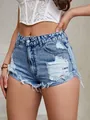 Detailed view of women's high-waisted ripped denim shorts with stylish frayed hems - M(28) / Bottom (35860) / Dark Blue