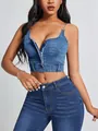 Close-up detail of sexy denim crop top with deep V zipper front and chain straps - S / Tops / Blue