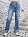 Front view detail of high waisted straight leg denim jeans for women in a light blue wash - XS / Bottoms / Blue